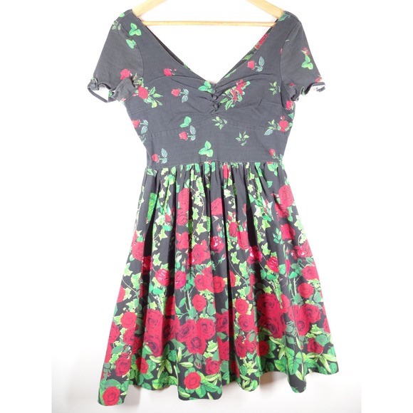 Unique Vintage Dresses & Skirts - Unique Vintage Rose Floral Dress Medium Black Red Rockabilly Pinup Swing Goth